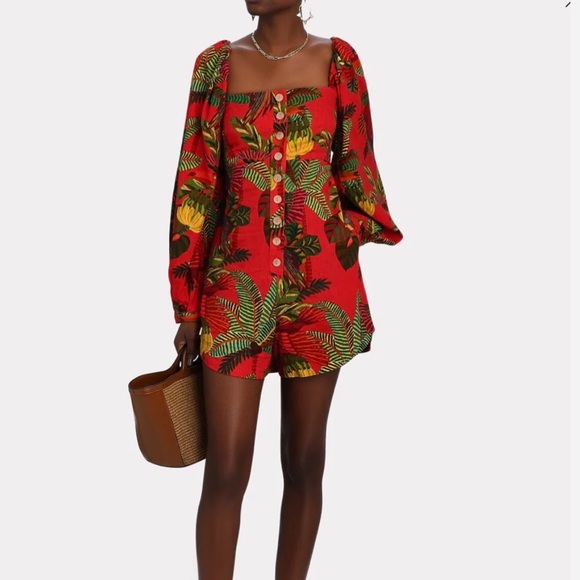 FARM Rio Pants - Farm Rio Red Floral Romper Bananas Toucans Puff Shoulder Linen Viscose